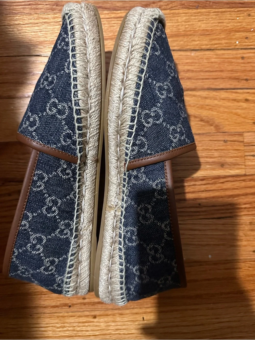 Gucci Blue Denim Monogram Espadrille Loafers with Brown Trim